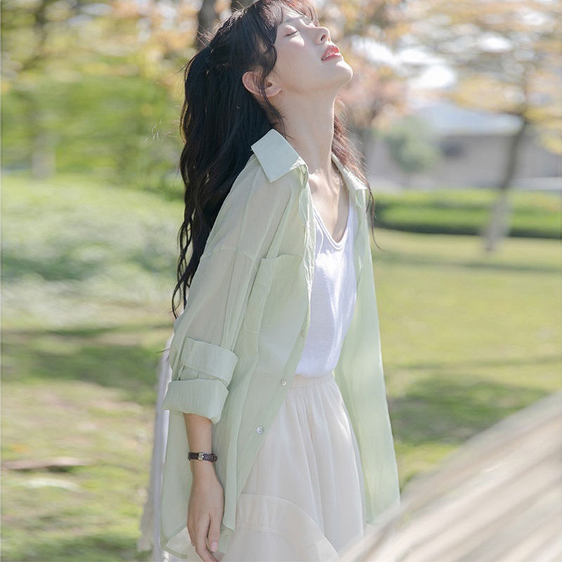 甘いシフォンシャツ、日焼け止めカーディガン、薄手の女性用サスペンダースカート、ブラウス、夏用ショール、アイスシルクジャケット|undefined