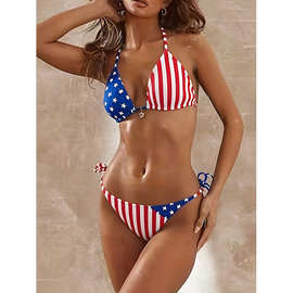 国旗比基尼性感2025亚马逊套装新款度假欧美系带美国印花沙滩女士