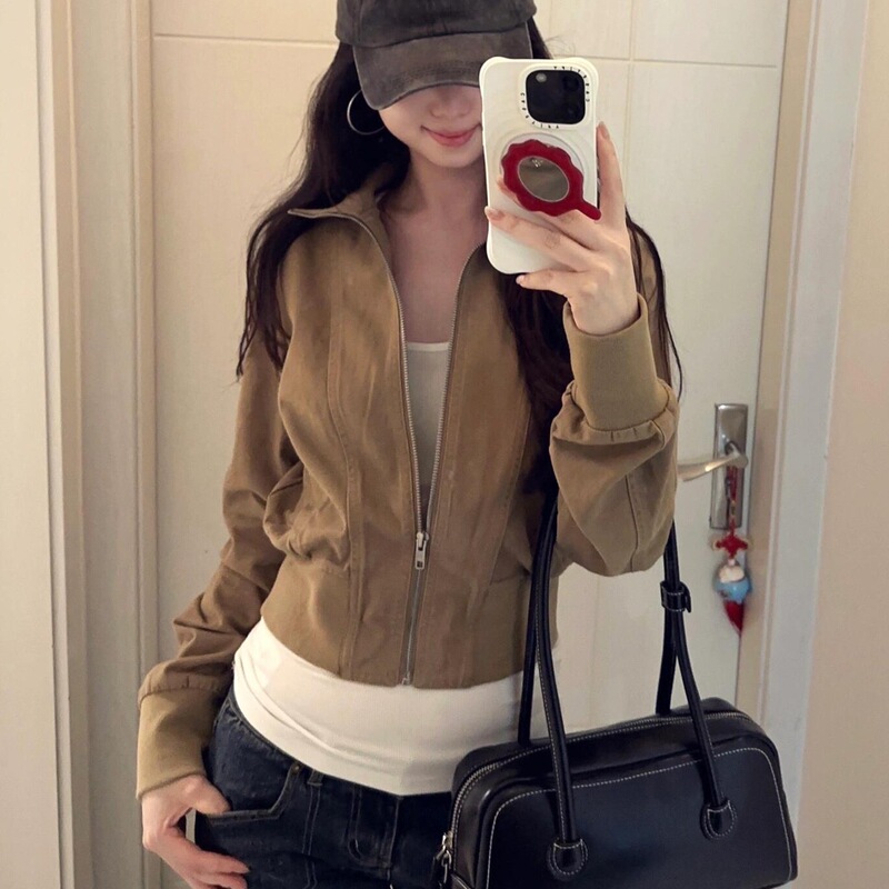 叮叮车美式复古棕色立领夹克外套女早秋季2025新款春秋修身短款拉|undefined
