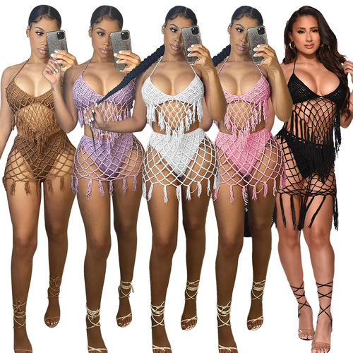 European and American women's swimwear sexy handhook seaside cover-up knitted casual swimwear set