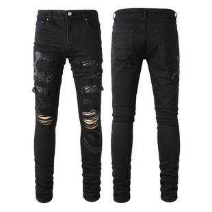 Foreign Trade Ripped Jeans Distinctive Embroidered Snake Jeans European and American Pleated Snakeskin Slim-Fit Men's Pants