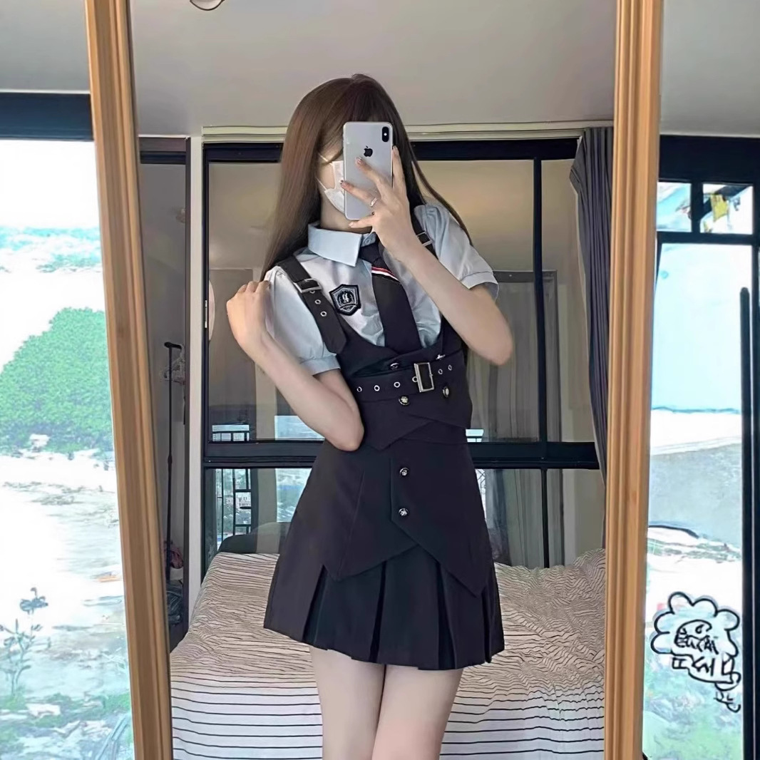 美式辣妹学院风套装女兔子警官jk制服黑蓝色衬衫马甲百褶裙三件套