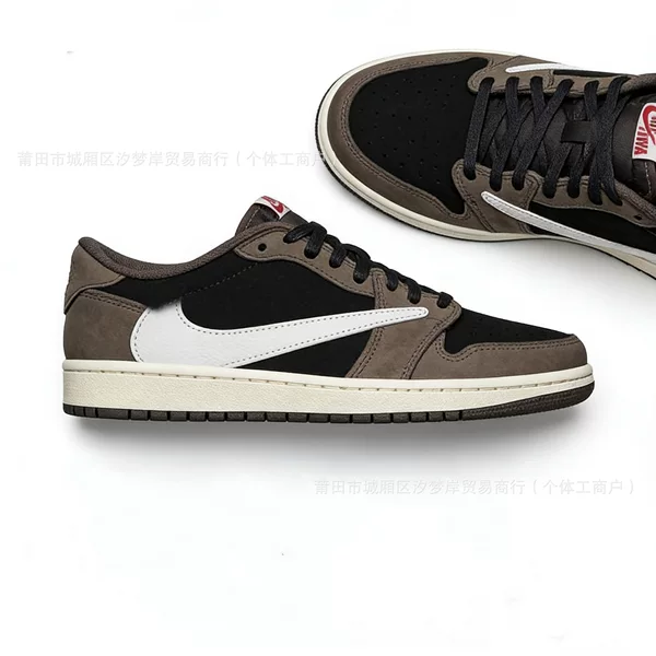 Authentic AJ1 LOW shoes, men's TS collaboration, reverse hook design, athletic sneakers, women's dark brown, white brown, golf, black and white