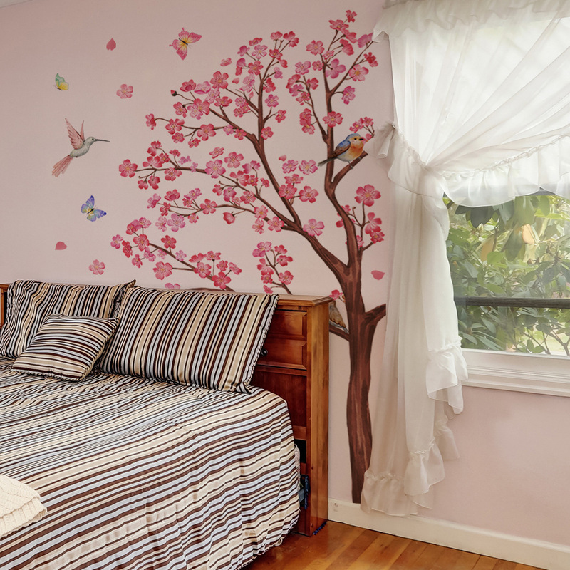 MS2386-KQ new style big tree branch pink flower bird living room bedroom background wall decoration wall stickers