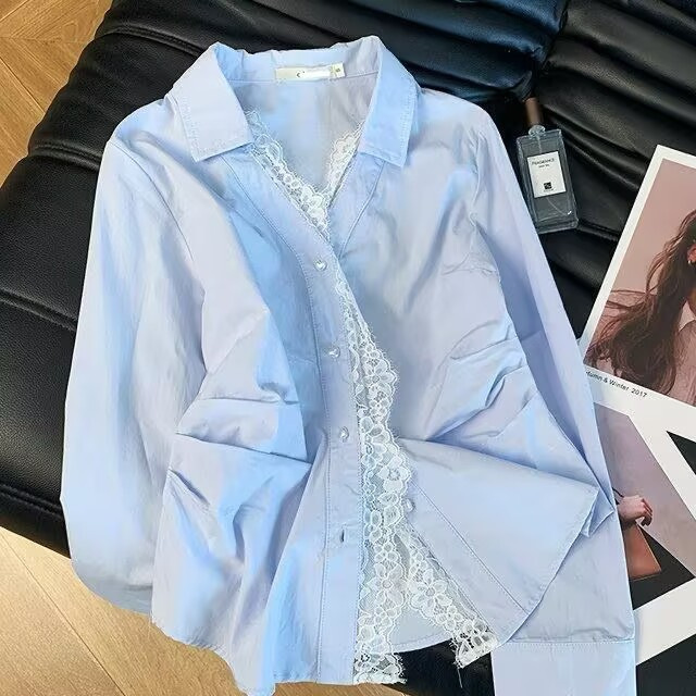 French Stitching Lace Shirt Women's Spring and Autumn New Age-reducing Pleated Waist Slimming Long Sleeve Shirt Sweet Top Trendy French Stitching Lace Shirt Women's Spring and Autumn New Age-reducing Pleated Waist Slimming Long Sleeve Shirt Sweet Top Trendy