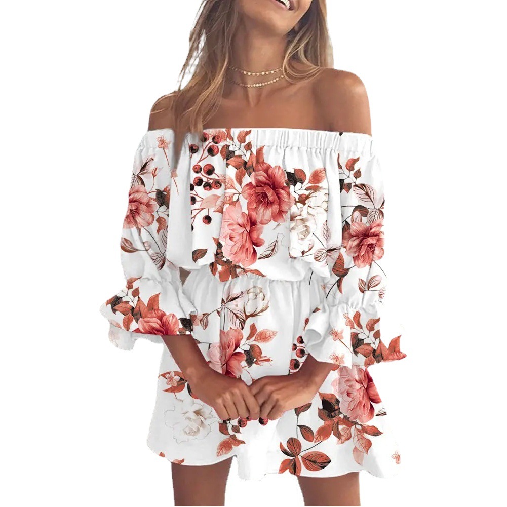 Vestido sexy de moda con estampado de un solo hombro para mujer, estilo europeo y americano, para el mercado transfronterizo de Amazon, 2023