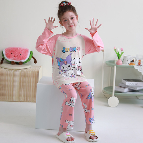 Girls' Spring and Autumn Cartoon Child Thin Long Sleeve Set Children's Girl Middle and Big Kids Home Clothes