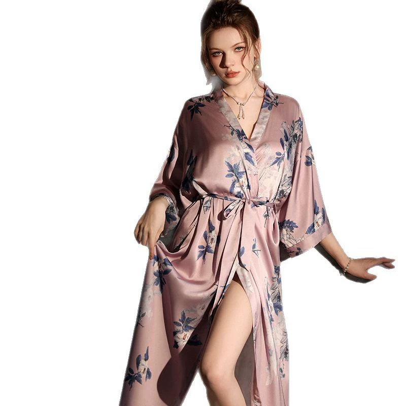 Silk summer bathrobe, long thin pijama, Korean style, maxi length