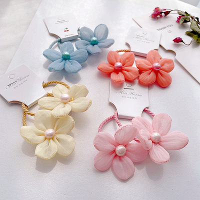 新款韩版简约雪纺彩珠立体小花儿童对装皮筋 头绳 发圈|ms