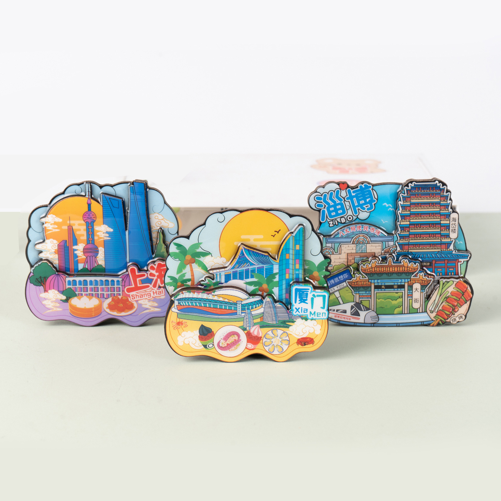 新款现货木质冰箱贴定制磁贴城市文创喜庆亚克力流沙冰箱贴起瓶器