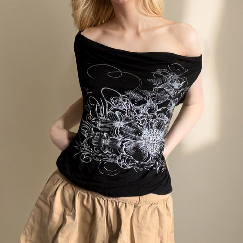 2025 European and American Women's Retro Print Swing Collar Backless Top with Two-Way Design, One-Shoulder Sleeveless Slimming Stylish Top