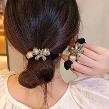 时尚蝴蝶镶钻发圈女网红气质珍珠高马尾头绳黑色百搭丸子头饰发饰