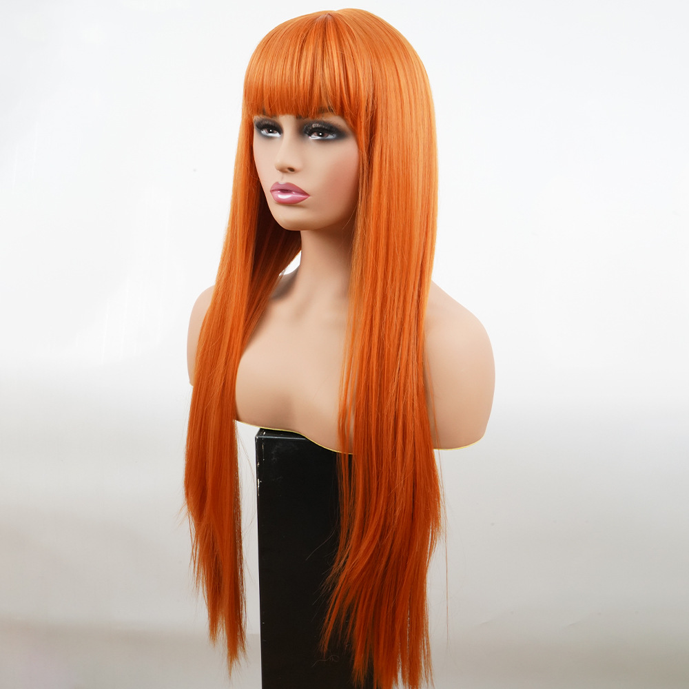 Factory wholesale chemical fiber wig long straight hair headgear 26 inches high temperature wire machine-made rose mesh orange wig_voghion.com