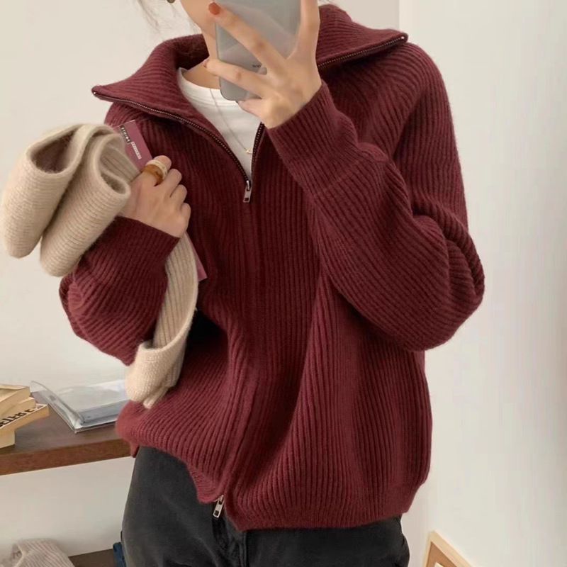 Coreano con solapa de doble cremallera de color sólido cardigan de punto de mujer otoño y invierno nuevo suéter suave pegajoso abrigo suelto image 4