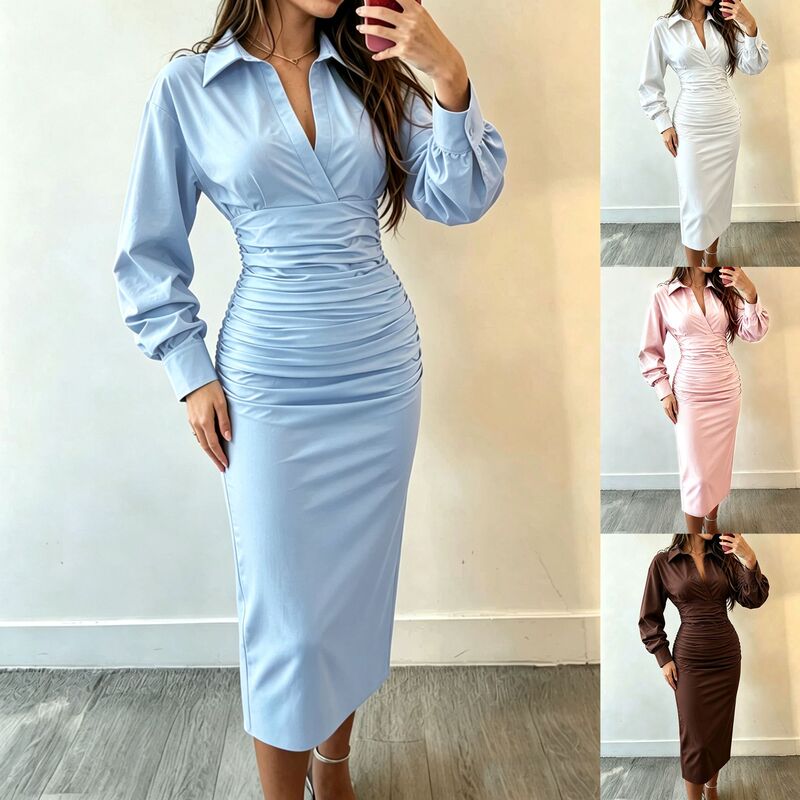 2026EBAY Amazon WSIH Bestseller Elegant Long-Sleeve Waist-Cinching Pleated Collar Shirt Dress Mid-Length Skirt 2026EBAY Amazon WSIH Bestseller Elegant Long-Sleeve Waist-Cinching Pleated Collar Shirt Dress Mid-Length Skirt