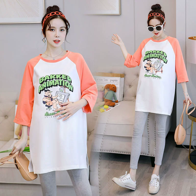 Весенне-осенняя Футболка для беременных, модный новый топ в Корейском стиле, свободная Базовая рубашка большого размера с рукавами из семи точек и принтом, Модная мама