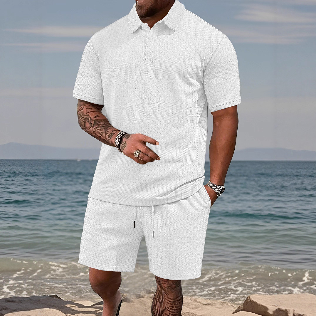 Camisa de Solapa de Color Sólido Informal para Hombre, Estilo Europeo y Americano, Holgada, Nueva, Versátil, Moderna, de Verano, Traje de Jacquard de Manga Corta