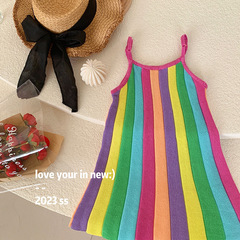 兒童公主裙2024夏裝新款女童可愛彩虹針織拼接吊帶連衣裙