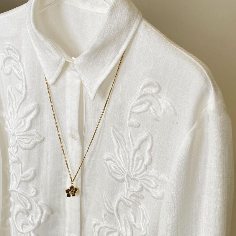 New Chinese Shirt Women's French Niche Design Embroidered Jacquard National Style Vintage Versatile White Long Sleeve Shirt