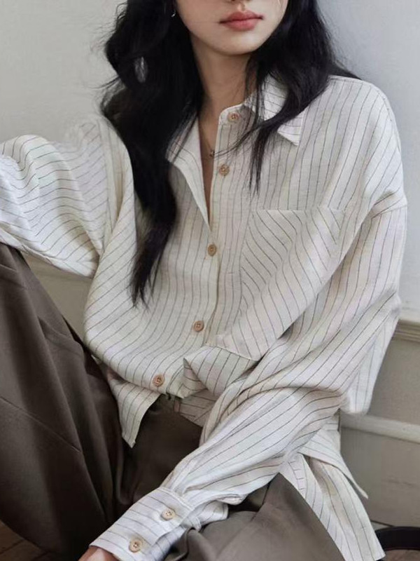 贰羊【意冉】高智感收腰条纹衬衫女秋设计感小众长袖复古上衣|undefined
