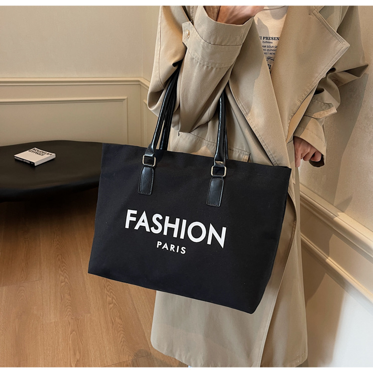 262g Weight Polyester Lining Material Open Closure Type Single Shoulder Strap Strap Type Tote Bag Bags Type Holiday, Daily Occasion Canvas Material Letter Pattern All Seasons Season Women's Gender Classic Style Style Square Shape Large Size Women's Large Canvas Letter Classic Style Square Open Tote Bag 25