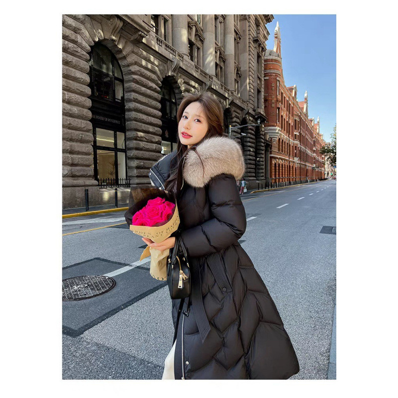 In-Stock Women's Long Over-The-Knee High-End Fox Fur Collar Fashion Versatile Slimming Warm down Jacket White Duck down Coat