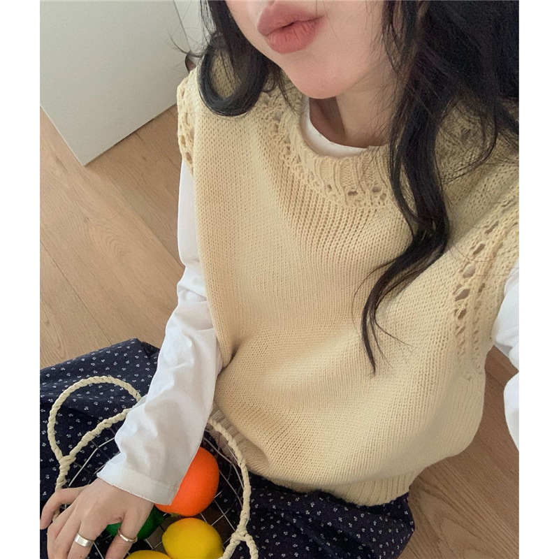 叠穿镂空针织衫毛衣马甲女2025春秋新款外搭圆领背心秋冬毛线马夹|undefined