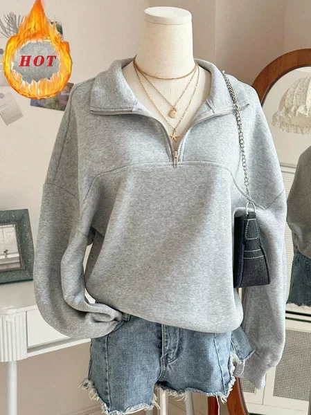 New Autumn and Winter Fleece-Lined Thickened Half-Zip Solid Color Loose Lapel Sweatshirt Jacket Trendy Y2K