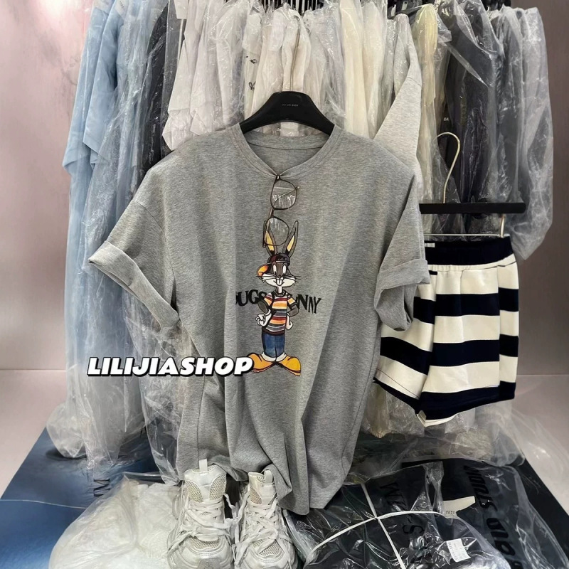 In Stock with Free Shipping Korean Plus-Size Pure Cotton Summer New Style Age-Reducing Cartoon Rabbit Print Loose Short-Sleeve T-Shirt Top for Women