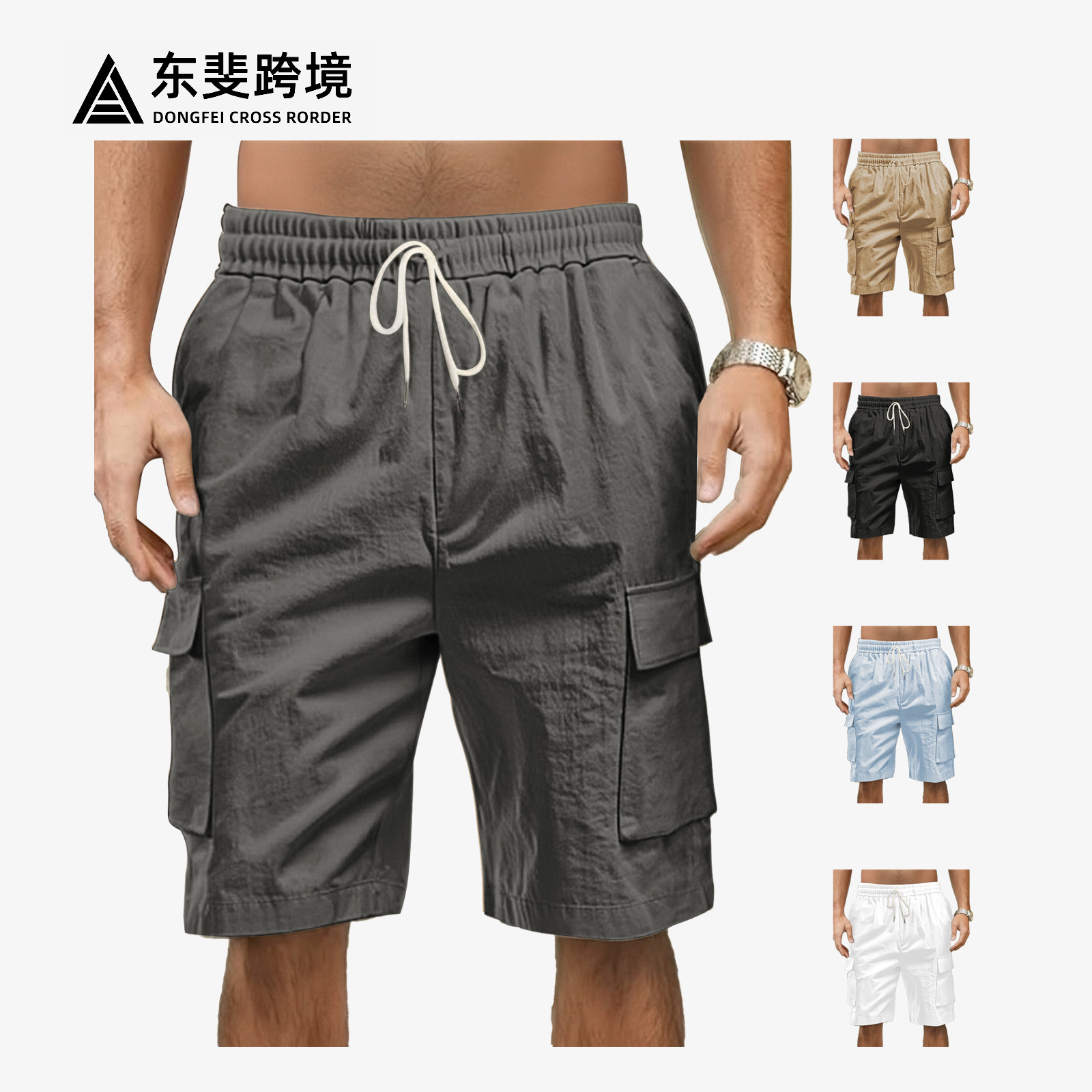 Monos multibolsillos estadounidenses transfronterizos, pantalones cortos de cinco puntos para hombres, deportes al aire libre, ocio, ropa de lino de color sólido suelto