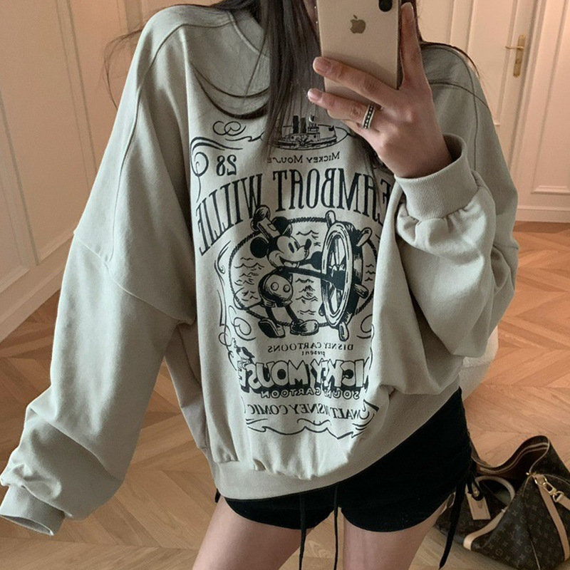 Some of the new 2026 autumn Korean-style retro American cartoon letter print loose versatile casual sweatshirts for women Some of the new 2026 autumn Korean-style retro American cartoon letter print loose versatile casual sweatshirts for women