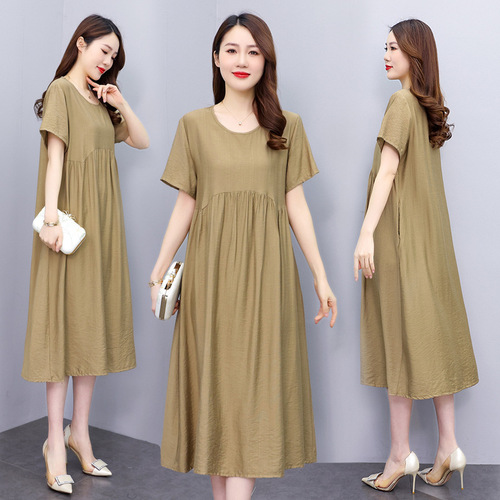 Summer Solid Color Cotton Satin Short-Sleeve Dress for Women Fashion Mother's Outfit Slimming Loose Elegant Medium-Length Skirt