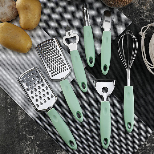 Creative plastic handle stainless steel kitchen gadgets kitchen utensils egg beater bottle opener grater plate lift set