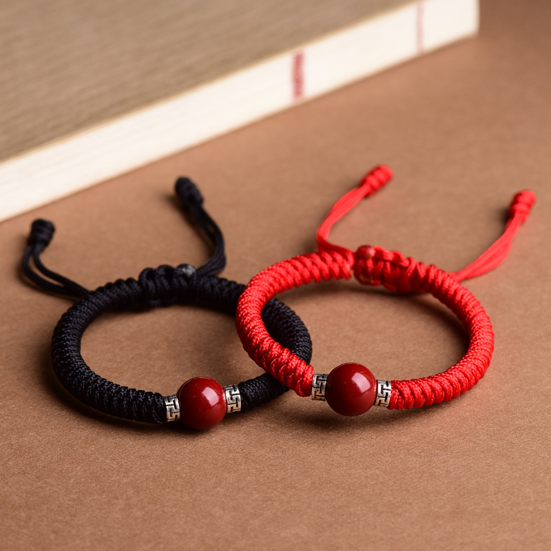 Chinese style Xizang silver cinnabar Bracelet Men's thick red rope bracelet hand-woven jewelry couple bracelet