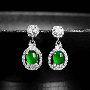 Natural A Goods Jade Yang Green Earrings Egg Face Earrings Ice Jade Stone S925 Silver Set Women's High-end Fashion Earrings