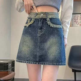 高腰复古毛边牛仔半身裙女春夏新款大码显瘦a字包臀裙辣妹短裙子