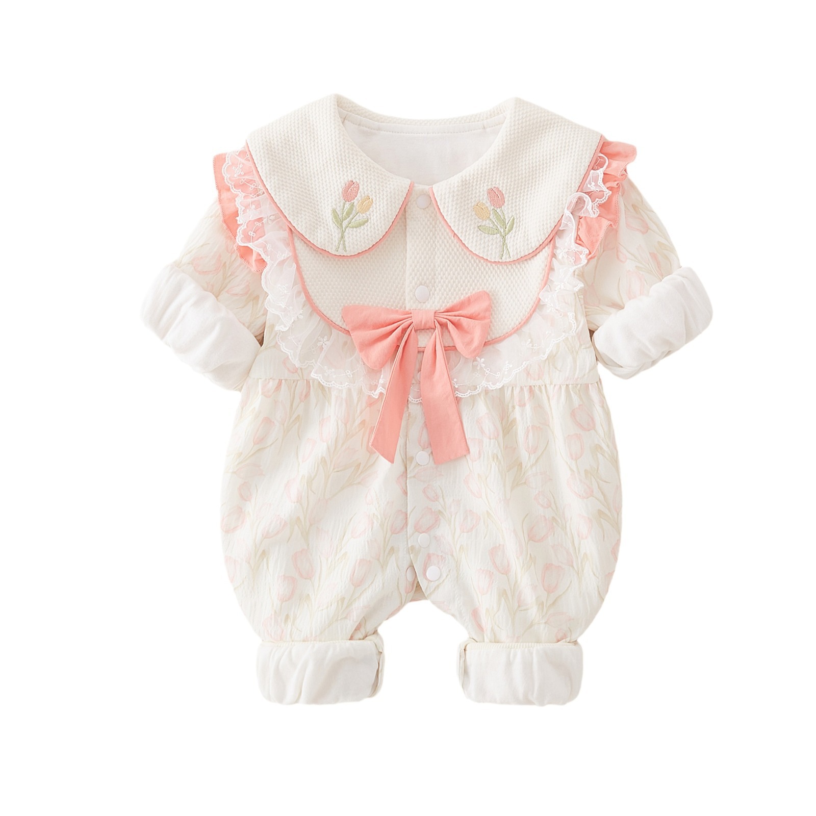 Primavera y otoño nuevo estilo ropa de una pieza para bebés narcisos mangas de linterna recién nacido mameluco de estilo occidental bebé saliendo gatear