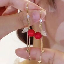 New French Red Frosted Pearls Zircons Leaves Exquisite Earri