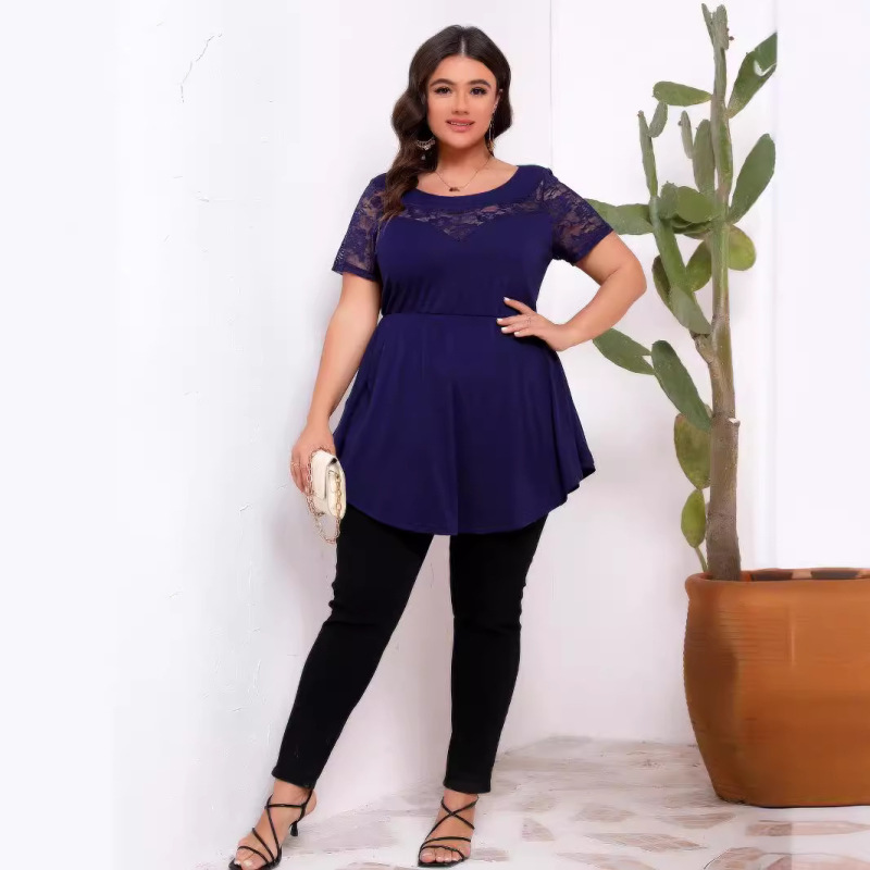 European and American Cross-Border Amazon Plus Size Women's Stretch Lace Splicing Waist Round Neck Short-Sleeved Top