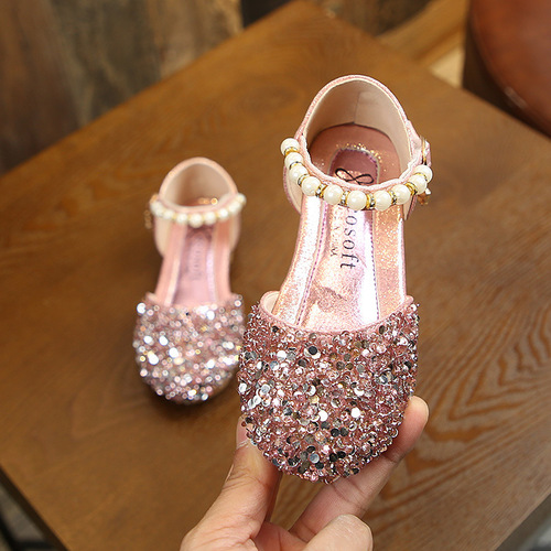 Children's small leather shoes for girls, performance shoes, silver princess shoes, spring sparkling girls' shoes, crystal sparkles shoes