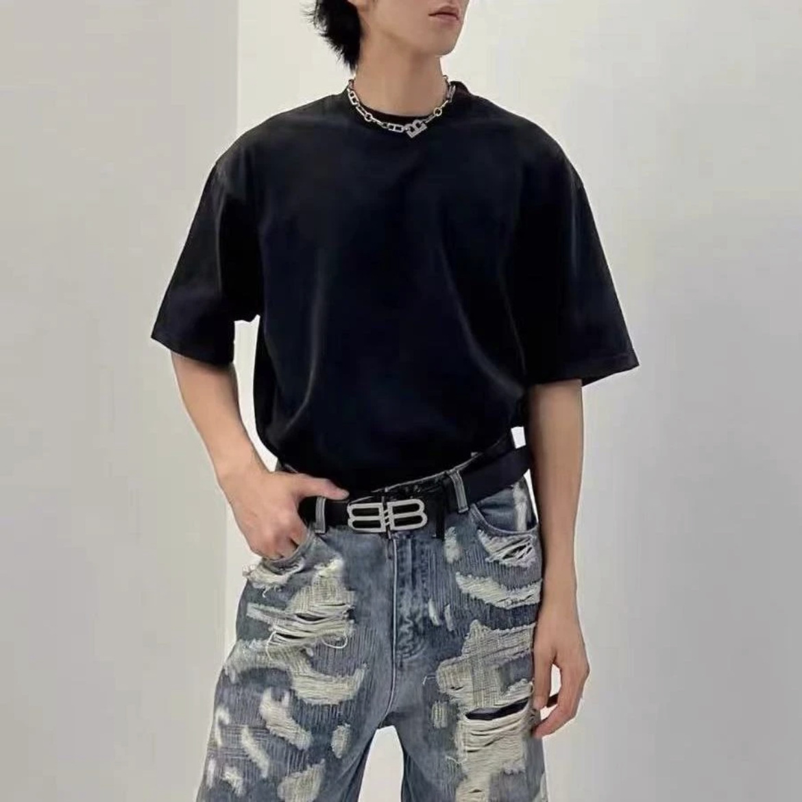 网红巴黎B家男女士皮带腰带宽字母皮带压边对板休闲气质腰封双B扣
