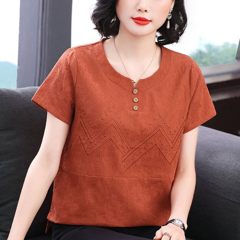 Middle-aged and elderly women's short sleeve Joker 2025 new summer western style cotton and linen embroidery solid color mother wholesale