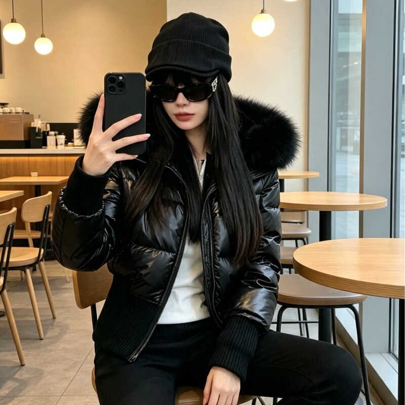 Korean-style waterproof leather jacket with fleece lining, waist-cinching puffer coat, down cotton coat, winter coat, thick cotton jacket for women Korean-style waterproof leather jacket with fleece lining, waist-cinching puffer coat, down cotton coat, winter coat, thick cotton jacket for women