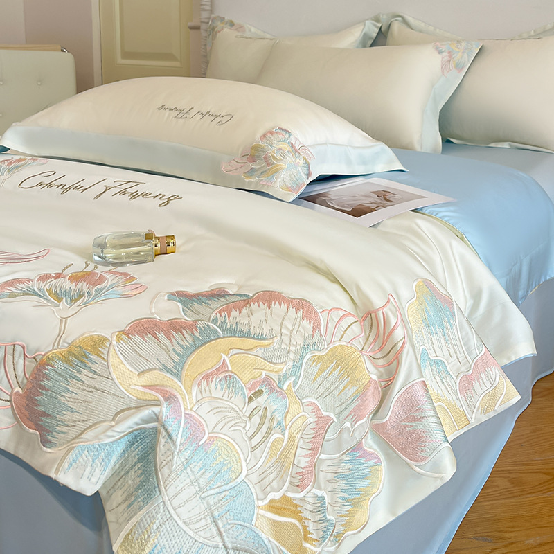 Edredón fresco de verano, ropa de cama de cuatro piezas, seda de hielo, sueño desnudo, lujo ligero, edredón de alta calidad, sábanas, juego de tres piezas 4