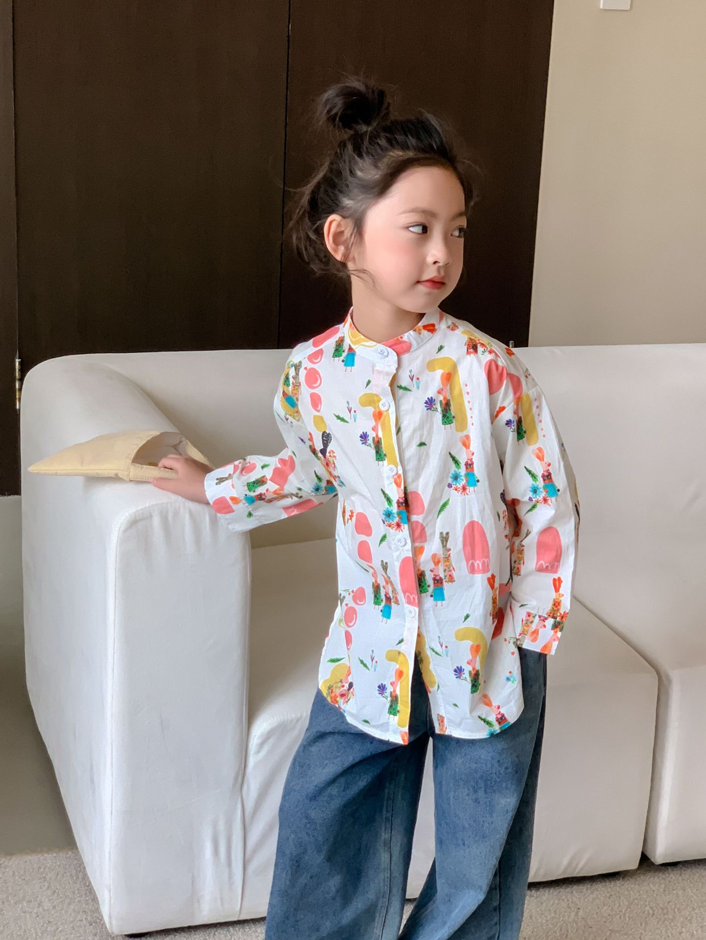 Camisa de graffiti divertida para niños collar de pie para Niñas Ropa para niños 2024 primavera bebé niña de dibujos animados impresa camisa de manga larga ropa de diseño