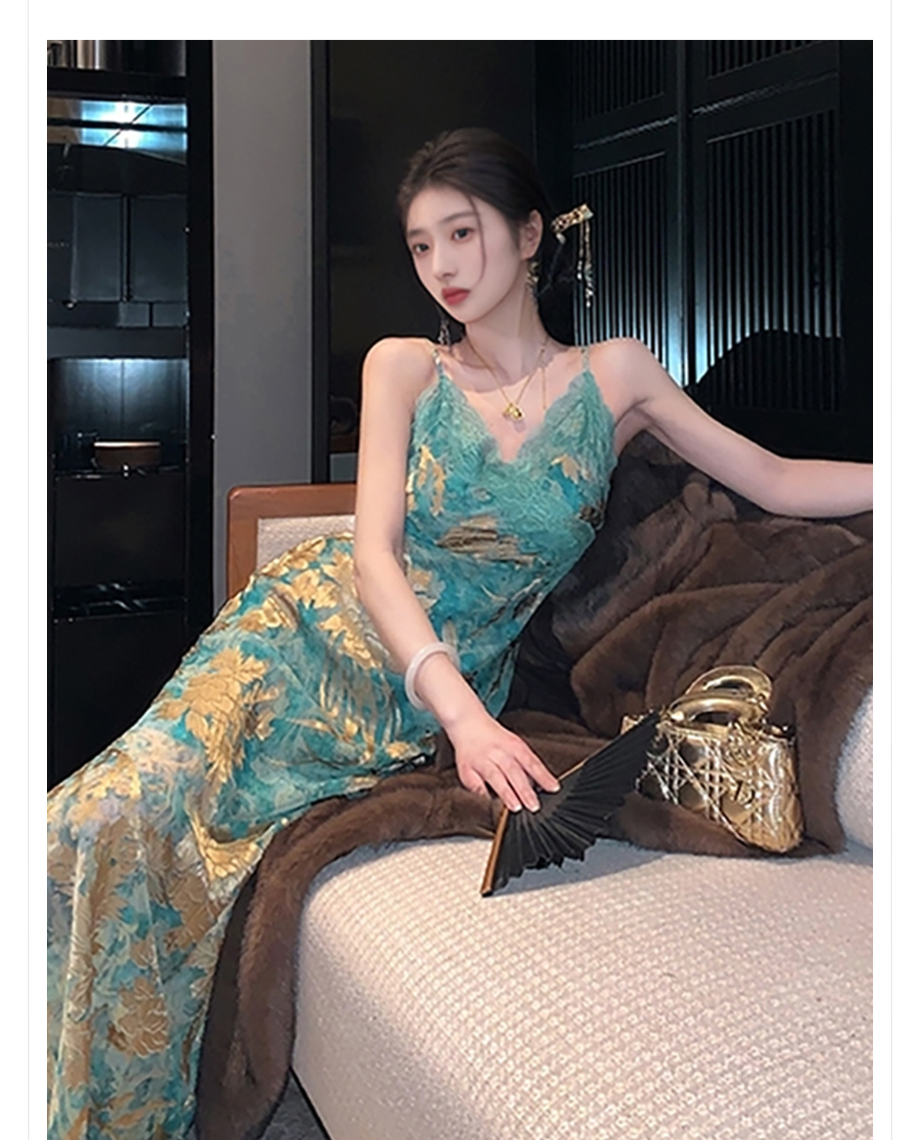 Đầm hai dây in họa tiết phong cách Trung Hoa mới, dáng suông midi — màu xanh bạc hà chi tiết 2