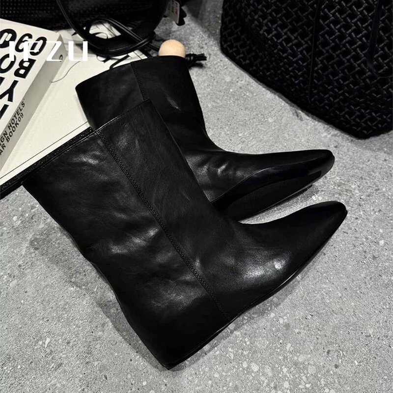 Cowhide Version ~ Retro Niche Square Toe Inner Heightening Sleeve Short Boots for Women Autumn and Winter Mid-Calf Boots Chelsea Boots Cowhide Version ~ Retro Niche Square Toe Inner Heightening Sleeve Short Boots for Women Autumn and Winter Mid-Calf Boots Chelsea Boots