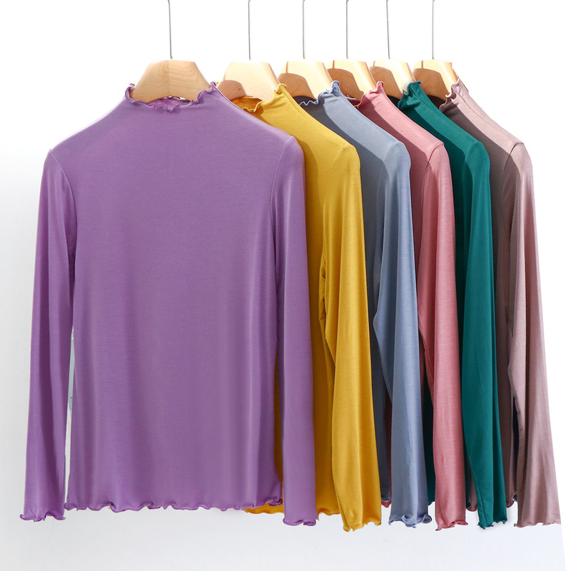 Thin Modal Half Turtle Collar Bottoming Shirt Women's Slim Fit Wooden Ear Trim Top Solid Color Easiest for Match Long Sleeve t Fashion Thin Modal Half Turtle Collar Bottoming Shirt Women's Slim Fit Wooden Ear Trim Top Solid Color Easiest for Match Long Sleeve t Fashion