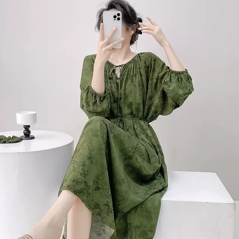 Long-Sleeved Nightgown for Women in Spring, Autumn and Summer Thin Cotton Silk Beach Skirt Pajamas Summer Women's Cotton Silk Plus Size Home Clothes