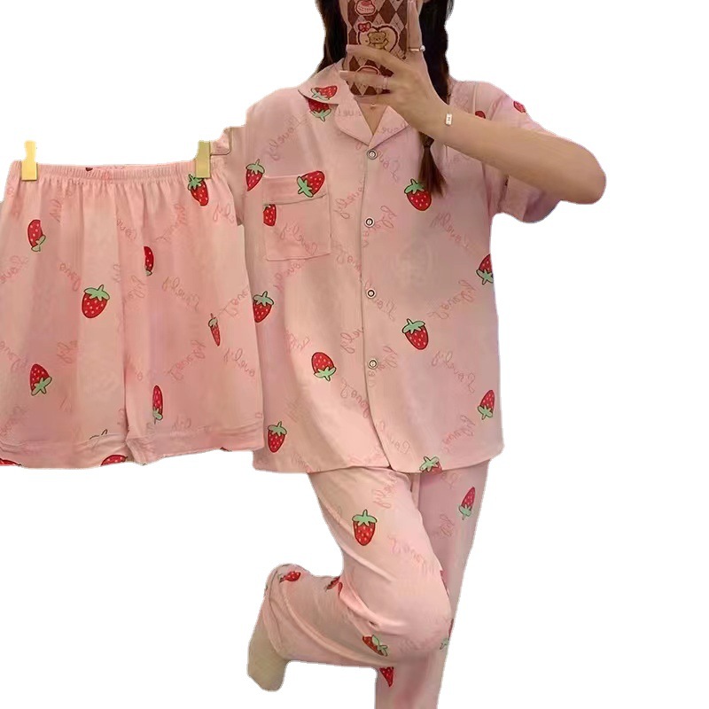 Pijamas de verano de las mujeres delgados pantalones de manga corta cardigan conjunto de tres piezas popular en línea nuevo traje de desgaste de casa de verano image 6
